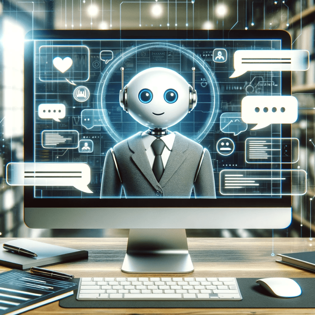 L'image montre une interface de chatbot conviviale et intelligente sur l'écran d'un ordinateur ou d'un appareil mobile, avec des bulles de dialogue montrant des réponses interactives et utiles, illustrant l'idée d'un chatbot fournissant un service client efficace et convivial dans un environnement moderne et technologique.