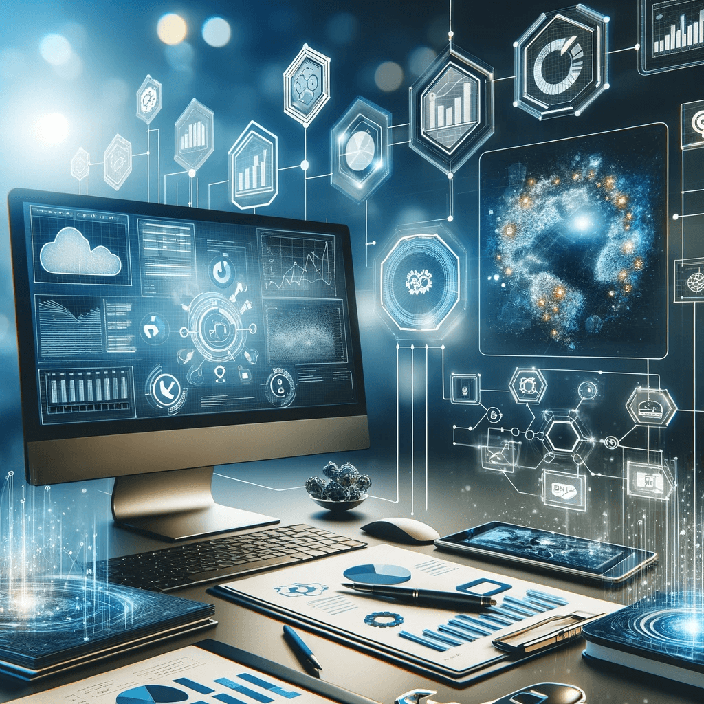 Cette image met en avant des éléments numériques tels qu'un écran d'ordinateur affichant des analyses de données, des graphiques et des organigrammes, symbolisant la rationalisation et l'automatisation des processus de données