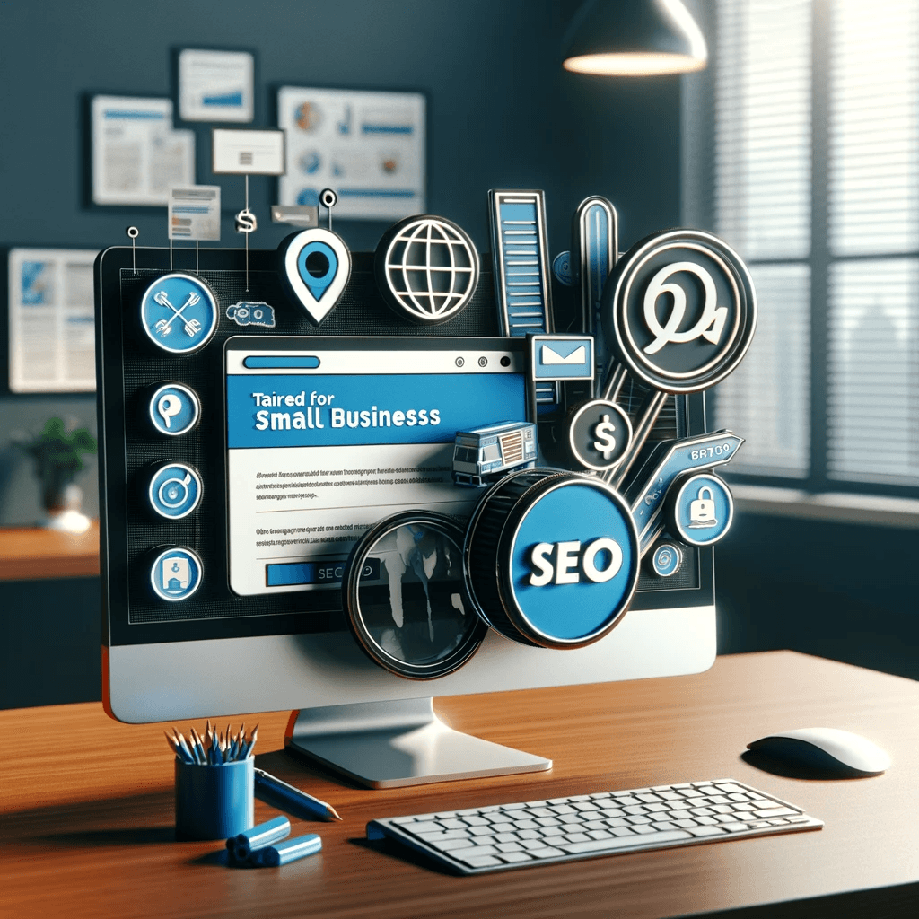 L'image montre un écran d'ordinateur affichant un site web optimisé pour le SEO, accompagné de symboles représentant des stratégies pour les réseaux sociaux, comme des icônes de médias sociaux ou un plan de marketing